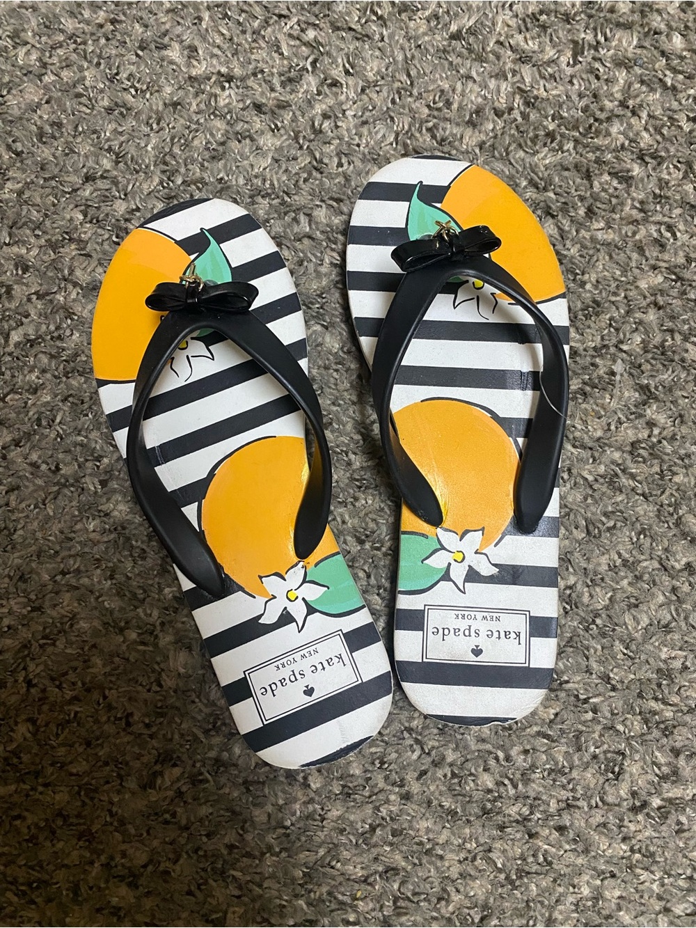 kate spade Black & Yellow Striped Lemon Print Flip Flops